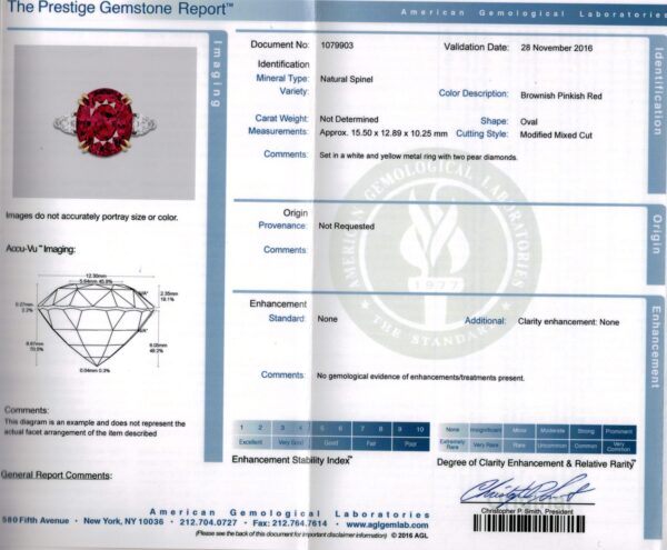 15.13 Carat Oval Red Spinel and Diamond Platinum Ring Lab Report