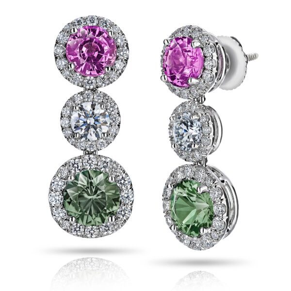 Round Pink and Green Sapphire and Diamond Platinum Drop Earrings