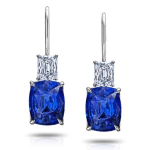 6.80 Carat Blue Cushion Sapphire and Diamond Drop Earrings