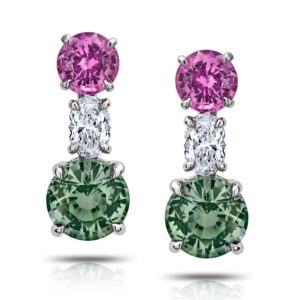 Diamond Drop Earrings with Green and Pink Sapphire
