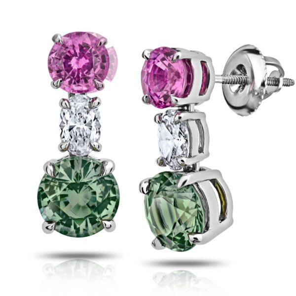 Diamond Drop Earrings with Green and Pink Sapphire