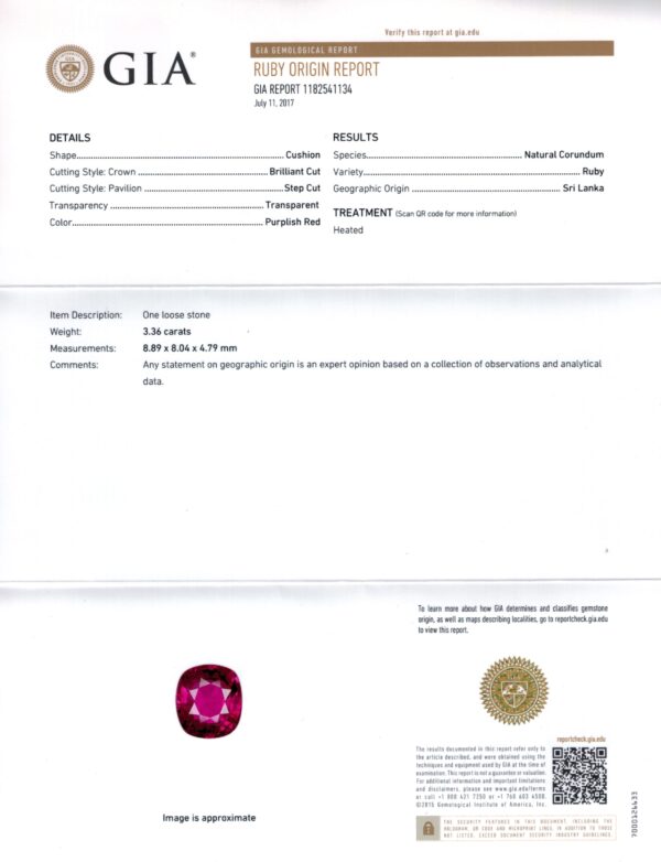 3.36 Carat Cushion Red Ruby and Diamond Ring Lab Report