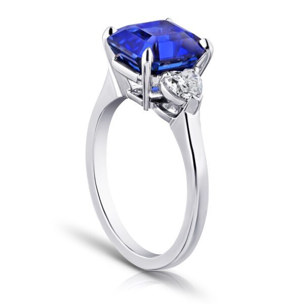 5.65 Carat Square Emerald Blue Sapphire and Heart Diamonds Ring