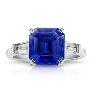 6.16 Carat Square Emerald Blue Sapphire and Baguette Diamonds Ring