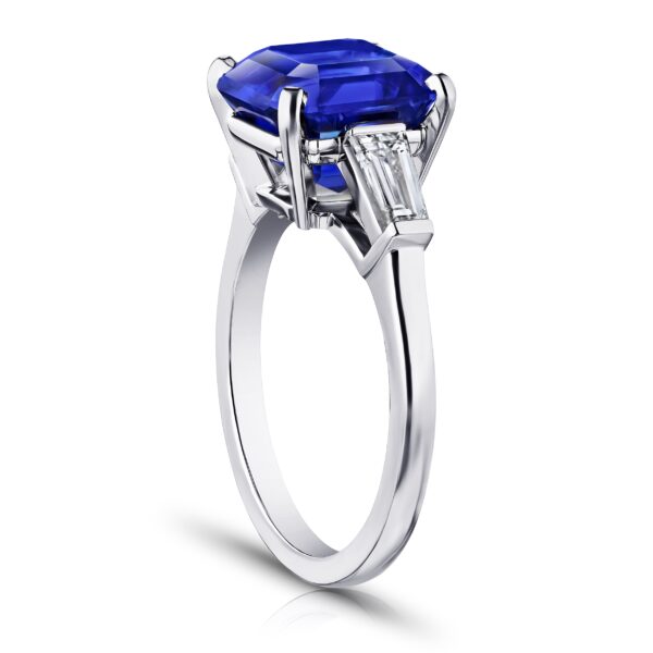 6.16 Carat Square Emerald Blue Sapphire and Baguette Diamonds Ring