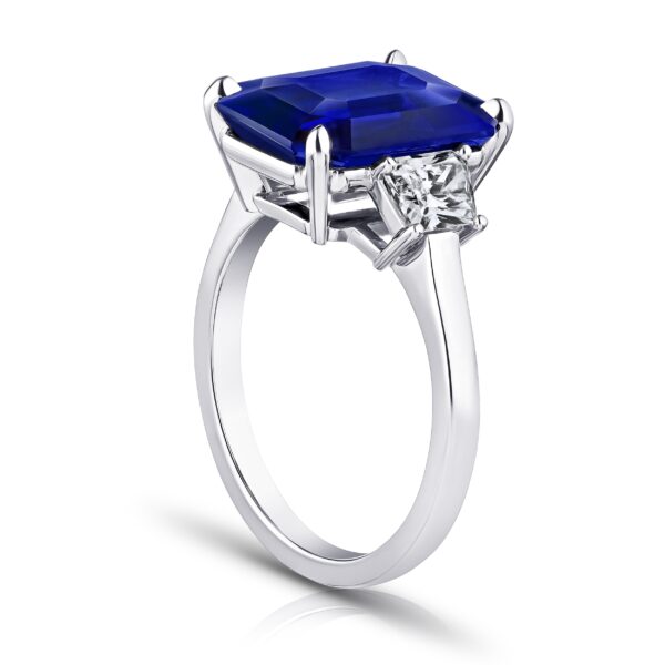 7.30 Carat Emerald Cut Blue Sapphire and Radiant Diamonds Ring