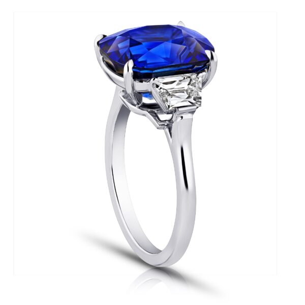 8.59 Carat Cushion Blue Sapphire & French Cut Trapezoid Diamonds Ring