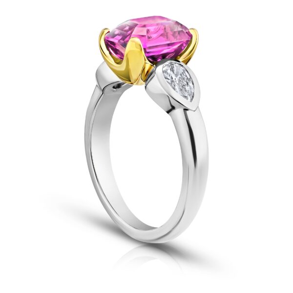 4.04 Carat Emerald Cut Pink Sapphire and Diamond Platinum and 18k Ring