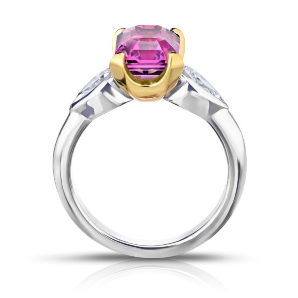4.04 Carat Emerald Cut Pink Sapphire and Diamond Platinum and 18k Ring