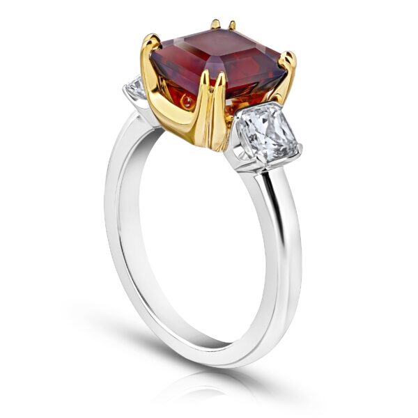4.09 Carat Asscher Cut Red Spinel and Diamond Platinum and 18k Yellow Gold Ring