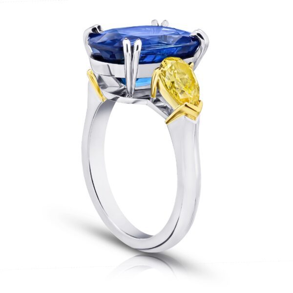 9.08 Carat Oval Blue Sapphire and Fancy Yellow Diamond Platinum and 18k Ring