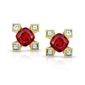 1.12 Carat Cushion Red Ruby and Diamond 18k Yellow Gold Earrings