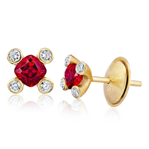 0.90 Carat Cushion Red Ruby and Diamond 18k Yellow Gold Earrings