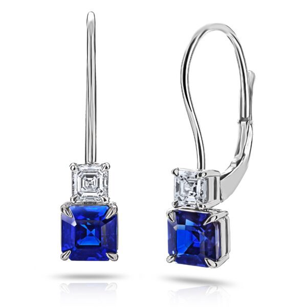 1.90 Carat Blue Asscher Cut Sapphire and Diamond Platinum Earrings