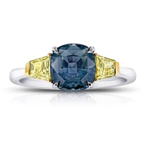 2.44 Carat Cushion Greenish Blue Sapphire and Diamond Platinum and 18k Ring