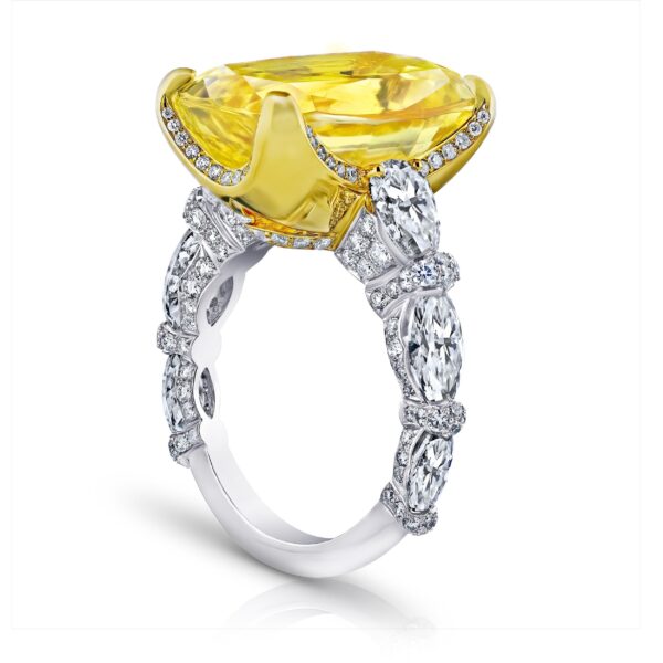 20.26 Carat Yellow Cushion Sapphire and Diamond Ring
