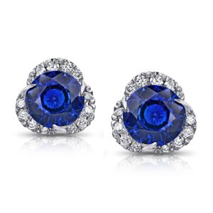 3.46 Carat Round Blue Sapphire and Diamond Halo Platinum Earrings
