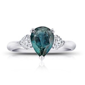 2.43 Carat Pear Shape Bluish Green Sapphire and Diamond Ring