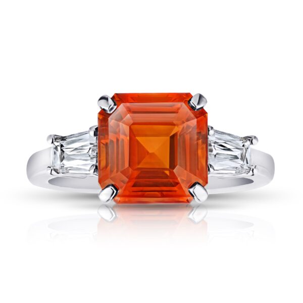 6.01 Carat Square Emerald Cut Orange Sapphire and Diamond Ring