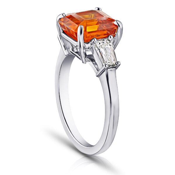 6.01 Carat Square Emerald Cut Orange Sapphire and Diamond Ring