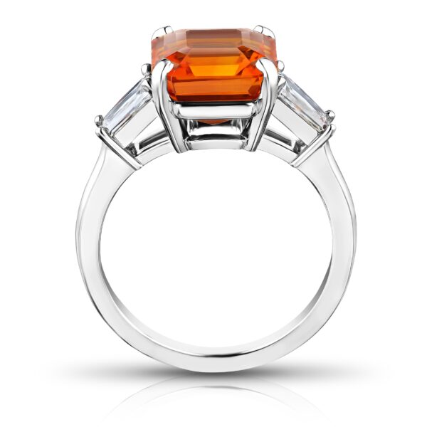 6.01 Carat Square Emerald Cut Orange Sapphire and Diamond Ring