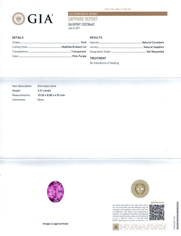 3.21 Carat Oval Pink Sapphire and Diamond Ring Lab Report