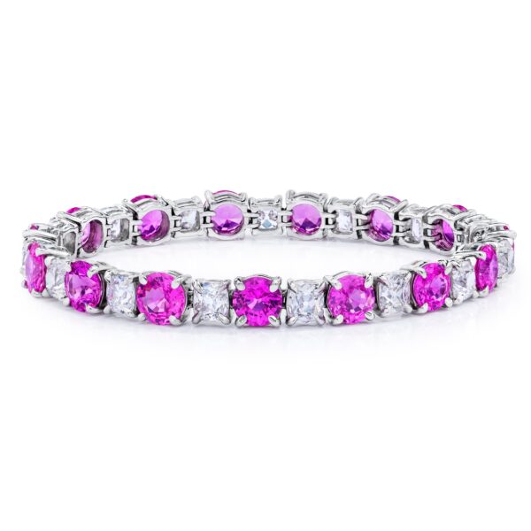 Pink Sapphire and Antique Cushion Diamond Platinum Bracelet