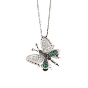Emerald Butterfly Pendant Necklace in 18K White Gold