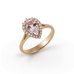 Morganite Pear-Shape Diamond Halo Ring in 18K Red Gold