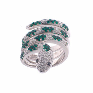 Snake Diamond Ring with Emeralds in 18K White Gold