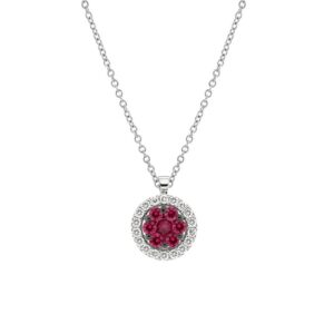 Ruby and Diamond Halo Pendant Necklace in 18K White Gold